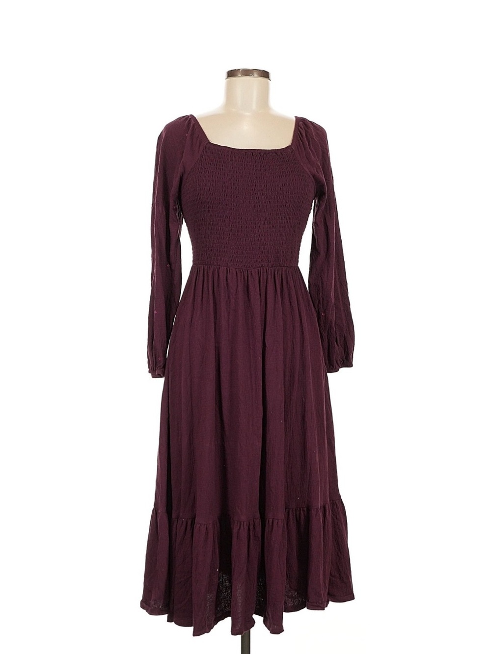 DownEast Smocked Bodice Long Sleeve Midi Dress in Plum size medium